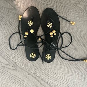Tory Burch black and gold lace up sandals